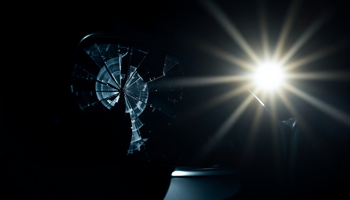 An extreme close-up photograph of a cracked and damaged car side mirror, lit by a harsh, direct camera flash against a pitch-black background, conceptually representing the aftermath of a hit-and-run incident.