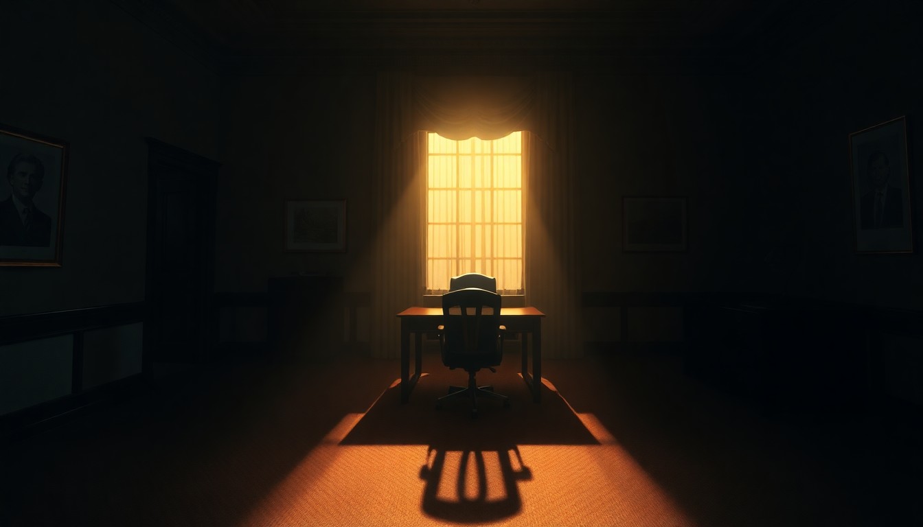 A quiet, cinematic painting of an empty congressional office, with a lone desk and chair bathed in warm, diagonal sunlight and deep shadows, conveying a sense of melancholy and the weight of scandal.