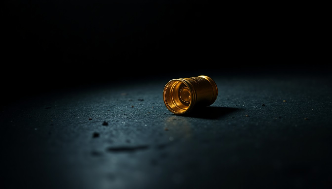An extreme close-up of a single spent shell casing on a dark, textured surface, lit by a harsh, direct camera flash, conceptually representing the physical evidence in a violent crime case.