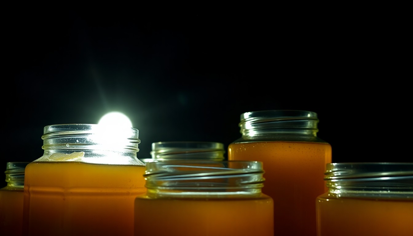 An extreme close-up of several glass jars of honey, their surfaces reflecting the harsh light of the camera flash, creating a stark, gritty, and investigative aesthetic that conceptually represents the theft of this small business owner's livelihood.