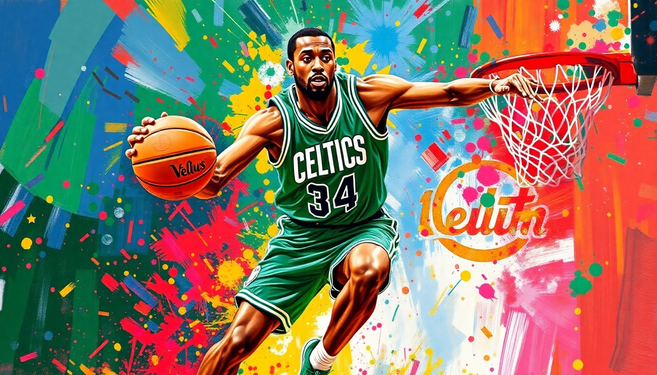 An extreme close-up of a Celtics player driving to the hoop, with vibrant neon colors and rapid brushstrokes capturing the raw energy and dynamism of the moment.