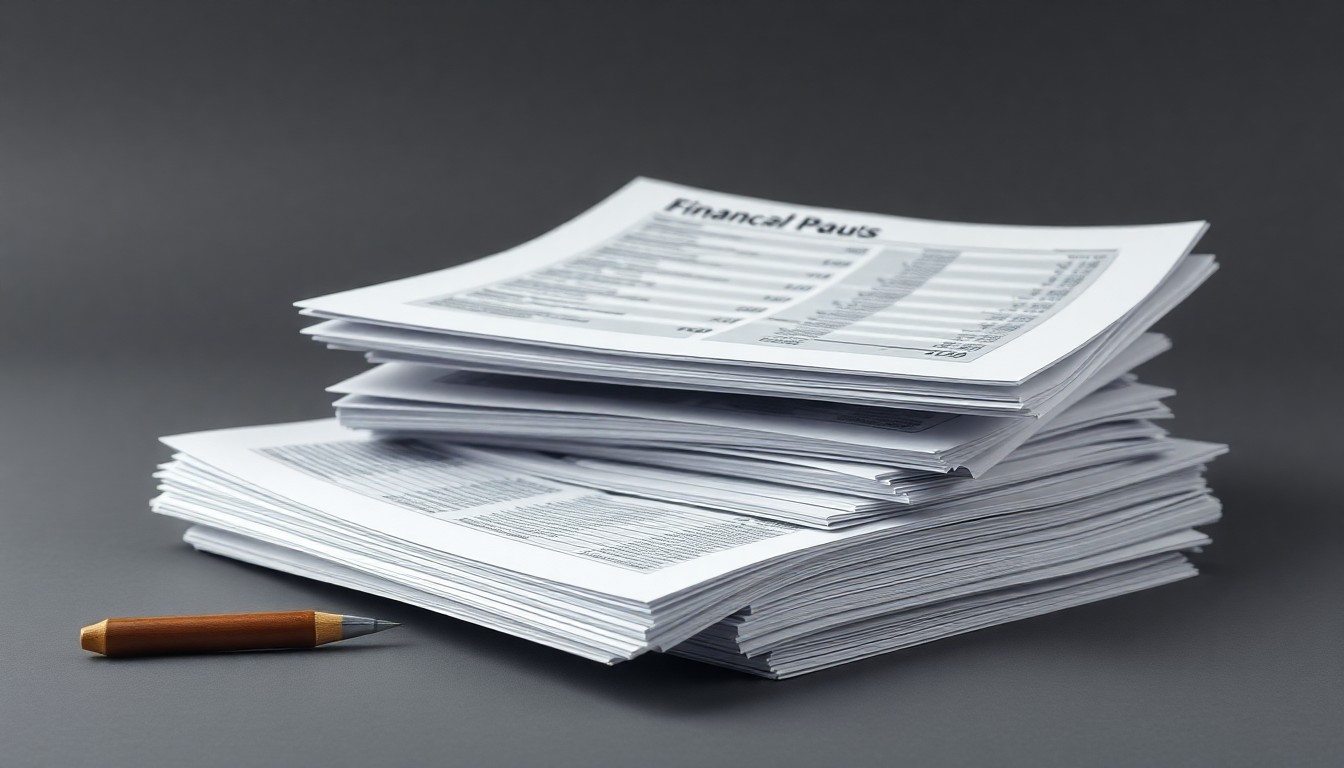 A minimalist, photorealistic studio still-life featuring a stack of financial reports and accounting ledgers in muted tones, conceptually representing the corporate transparency issues at the heart of the Driven Brands securities lawsuit.