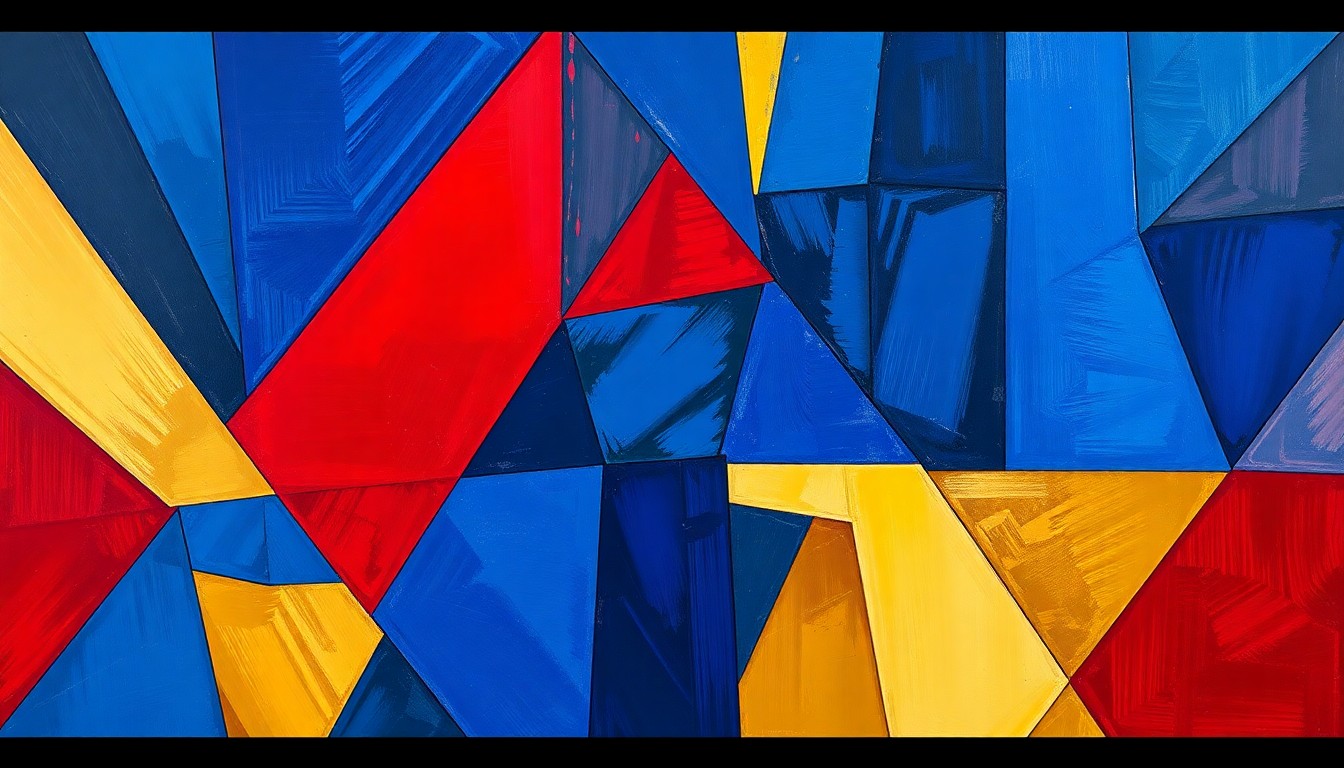 A cubist, geometric painting featuring overlapping planes of blue, red, and gold, conceptually representing the dynamic action and competition of a WNBA basketball game.