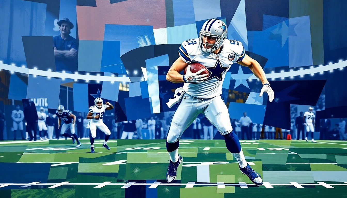 A cubist, geometric painting depicting the fragmented movements of a football player on the field, rendered in the team colors of the Dallas Cowboys.