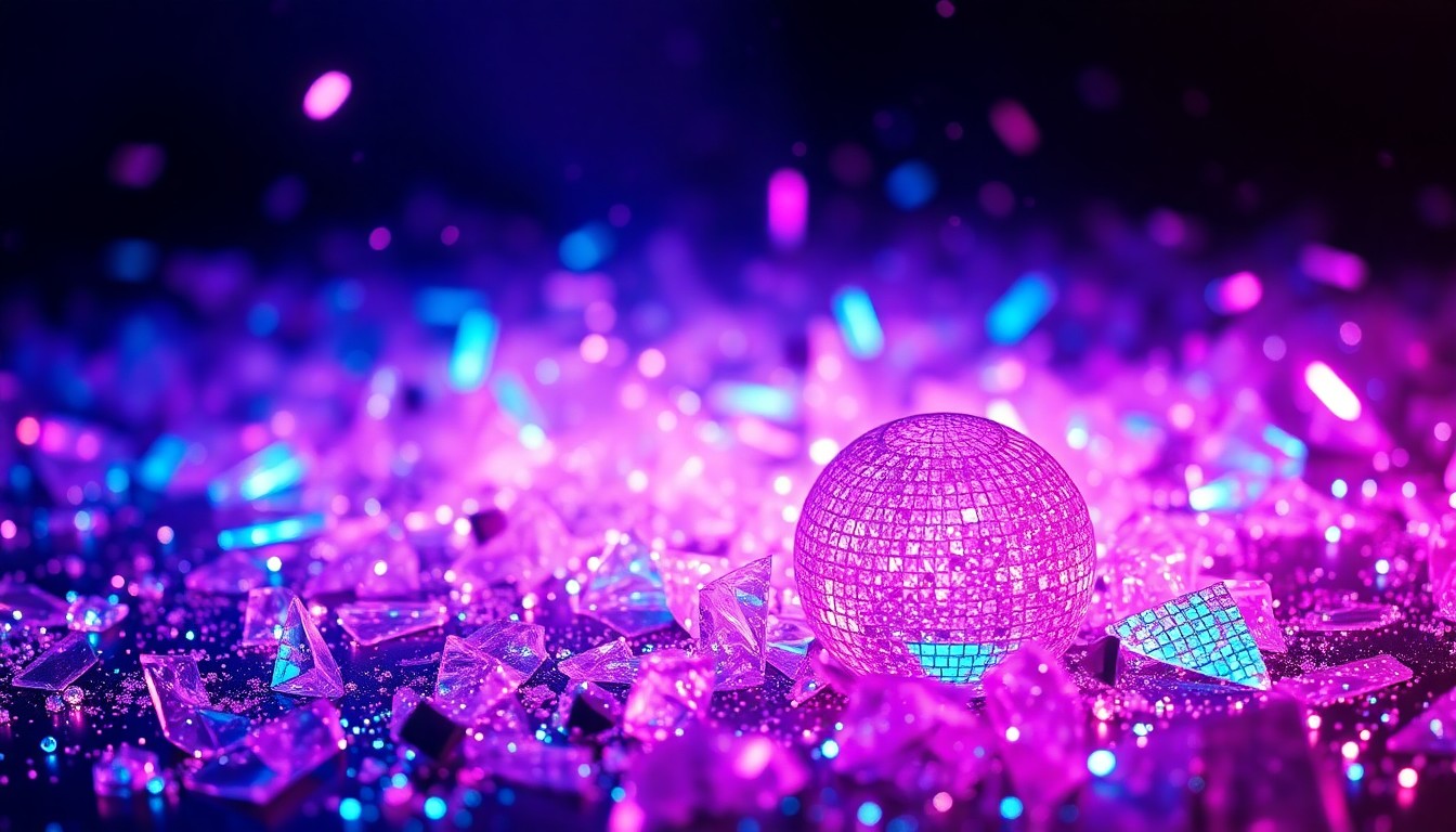 An extreme close-up of shattered, glittering disco glass in vivid shades of purple, pink, and blue, conceptually representing the energy and aftermath of a major music festival.