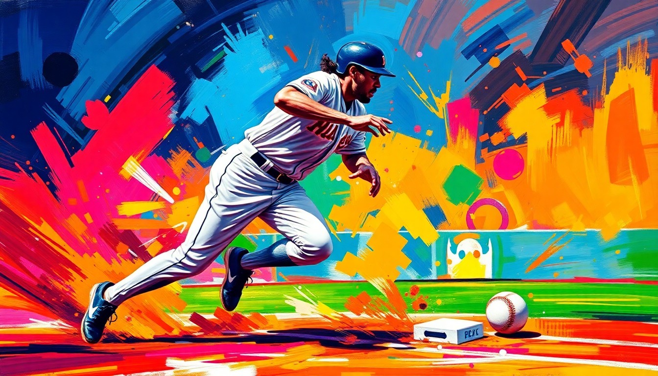 Heavily textured, sweeping oil paint brushstrokes in bright neon greens, oranges, and blues, capturing the dynamic motion of a baseball player sliding into second base.