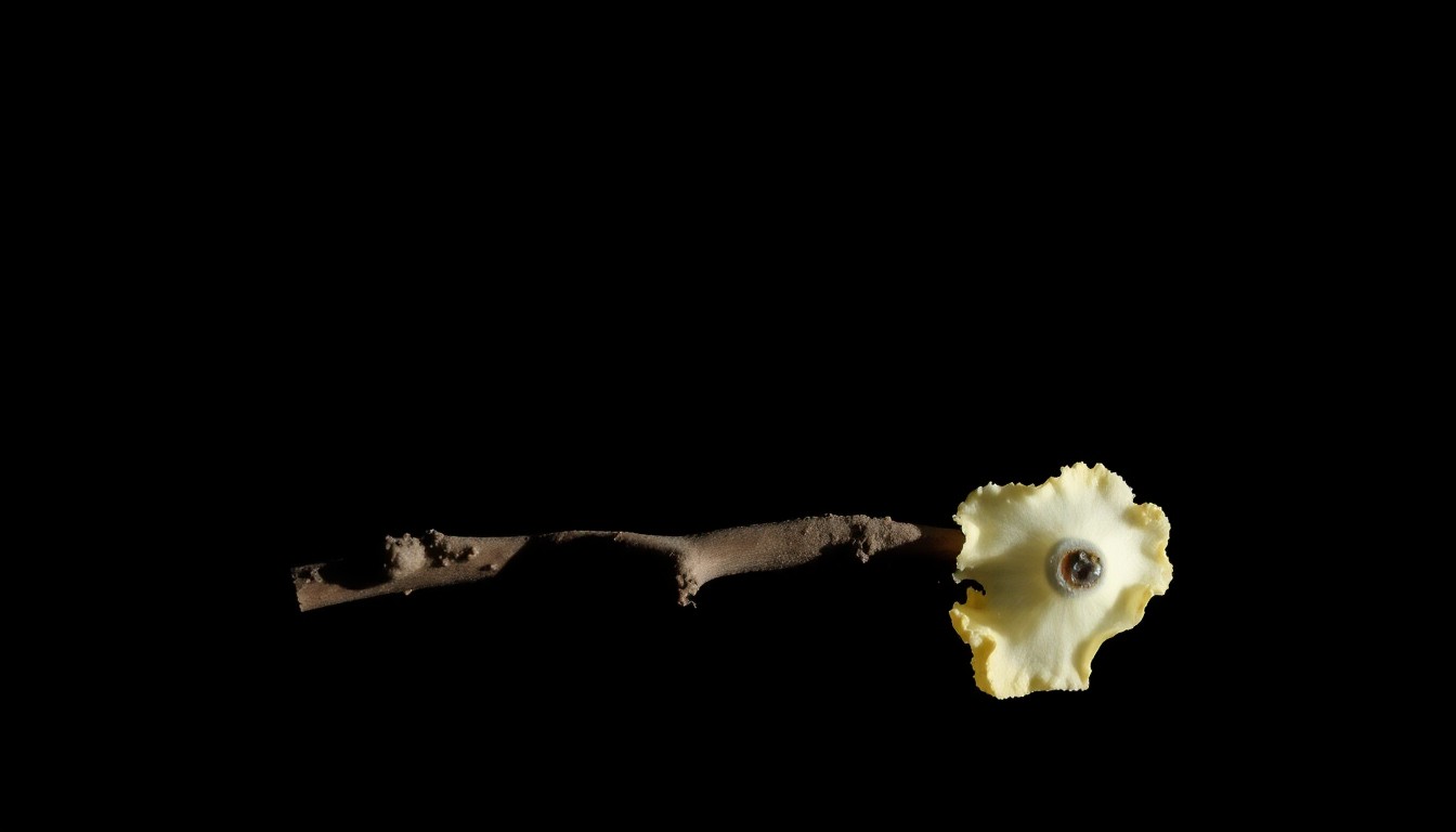 An extreme close-up of a broken twig or damaged camera lens, reflecting the harsh, gritty aesthetic of Weegee's crime scene photography and conceptually representing the mysterious circumstances surrounding the woman's death in the Big Sur wilderness.