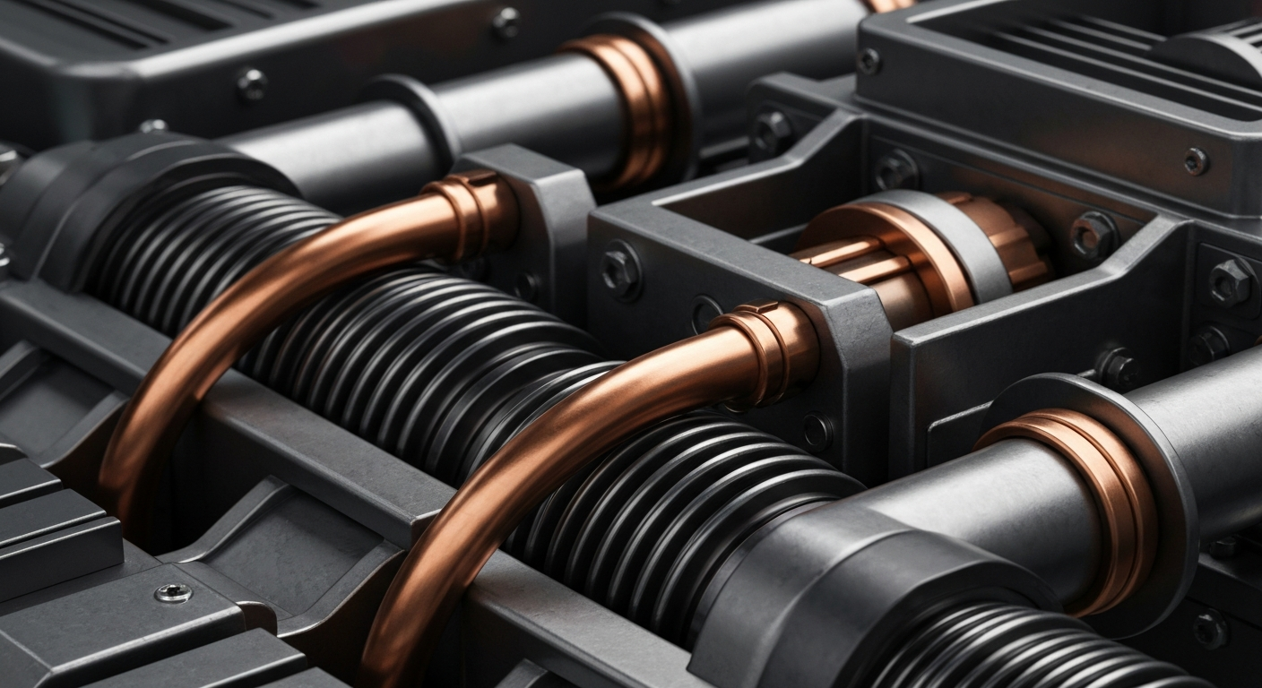 A highly detailed, cinematic close-up image of industrial machinery and mechanical components in shades of steel gray, copper, and black, conveying the intricate technology powering the industrial sector.