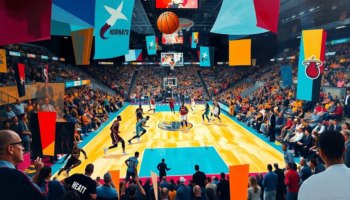 A cubist, geometric illustration depicting the intense final minutes of the Heat-Hornets play-in game, with fragmented, overlapping shapes representing the players, the basketball, and the crowd.