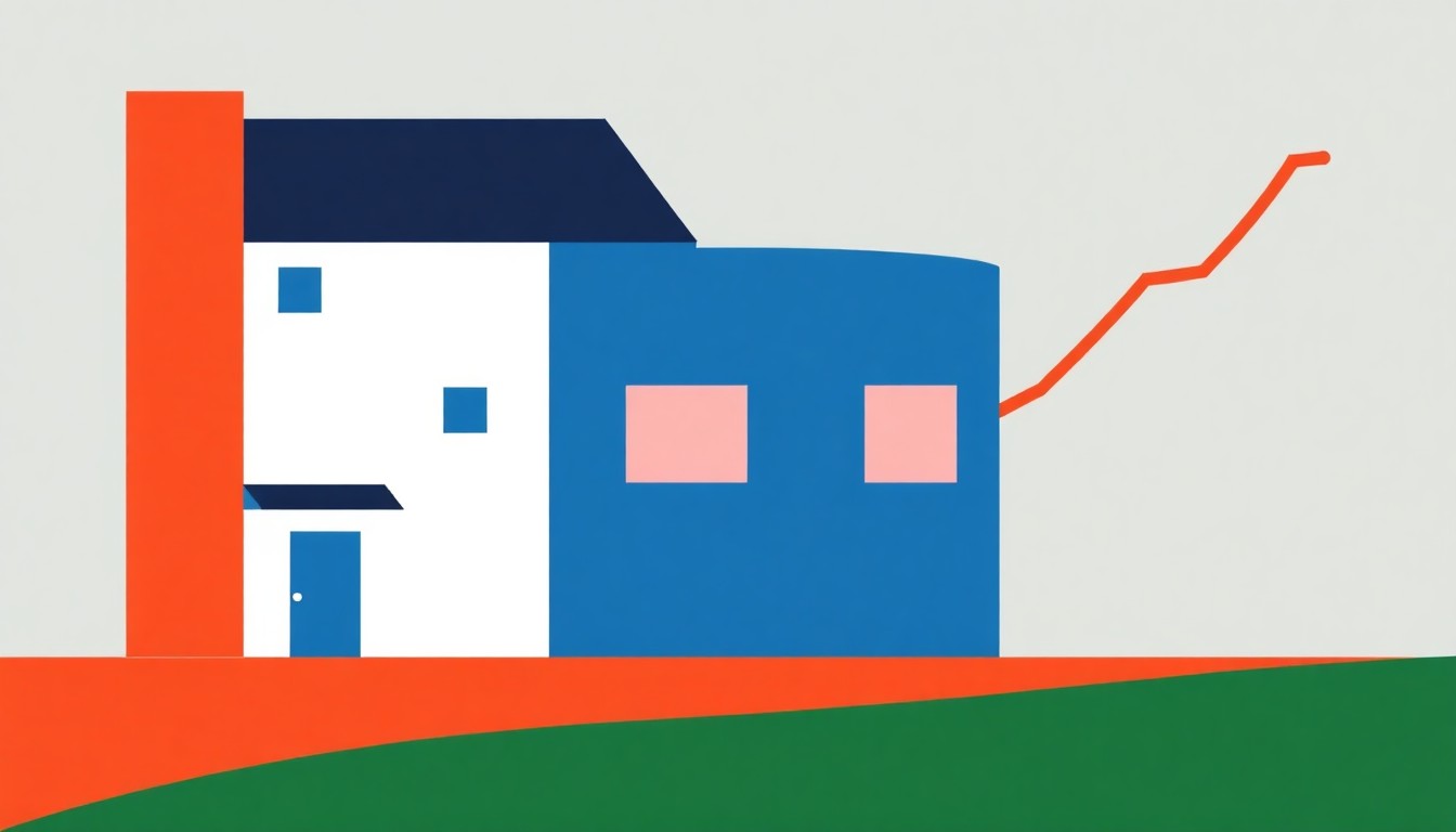 An abstract composition of overlapping triangles and rectangles in shades of blue, red, and yellow, conceptually representing the complex economic forces impacting the Bay Area housing market.