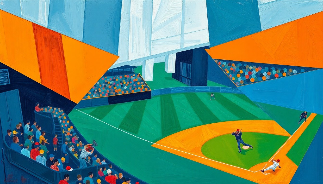 A cubist-style painting depicting a baseball game in motion, with the players and field broken down into overlapping geometric shapes in a vibrant color palette, capturing the dynamic energy of the sport.