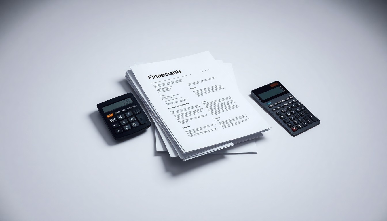 A high-end, photorealistic studio still-life photograph featuring a stack of financial documents, a calculator, and a pen arranged elegantly on a clean, monochromatic background, conceptually representing the abstract corporate strategy and finance at the heart of this story.