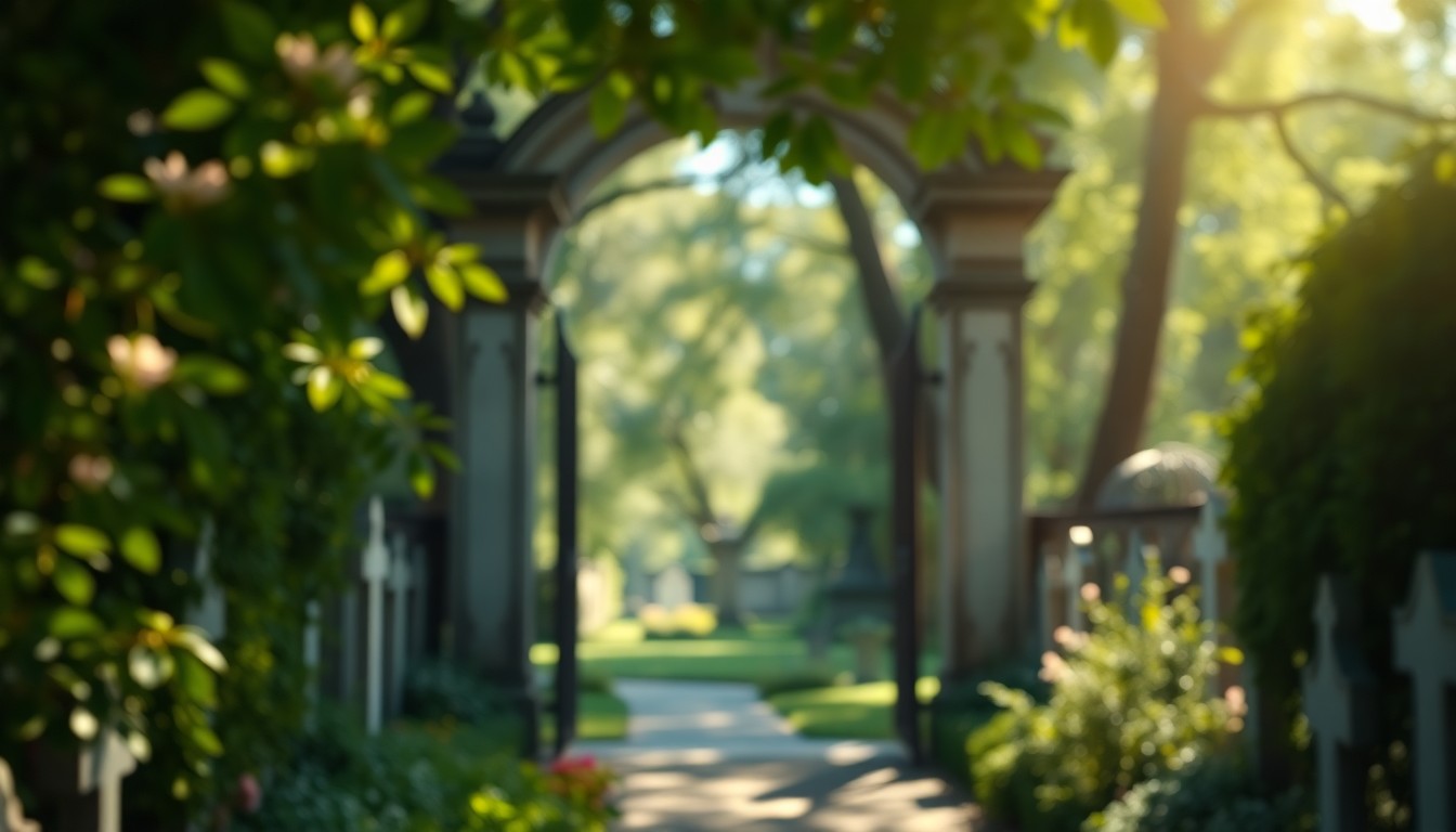 An extremely abstracted, out-of-focus photograph of a cemetery entrance surrounded by blurred greenery and warm, golden light, conveying a sense of peaceful contemplation.