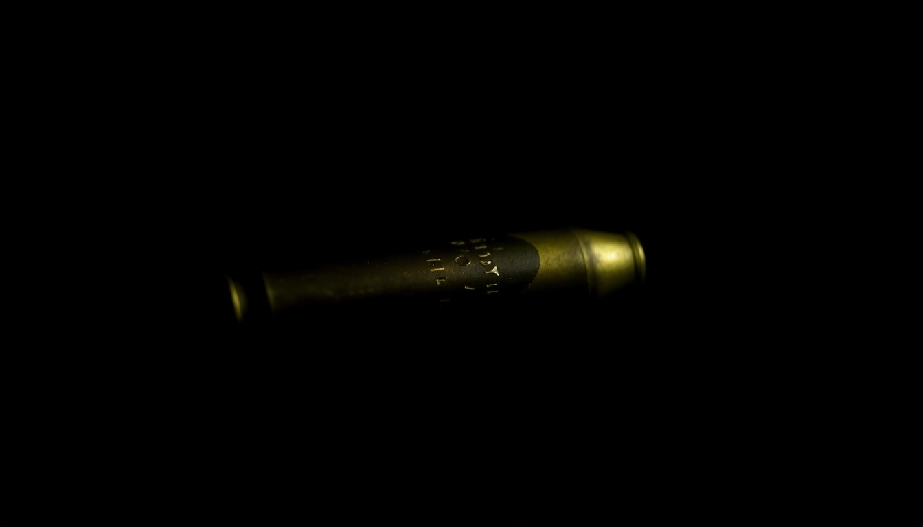 An extreme close-up photograph of a spent bullet casing on a dark background, lit by a harsh, direct camera flash, conceptually representing the gun-related crimes described in the story.