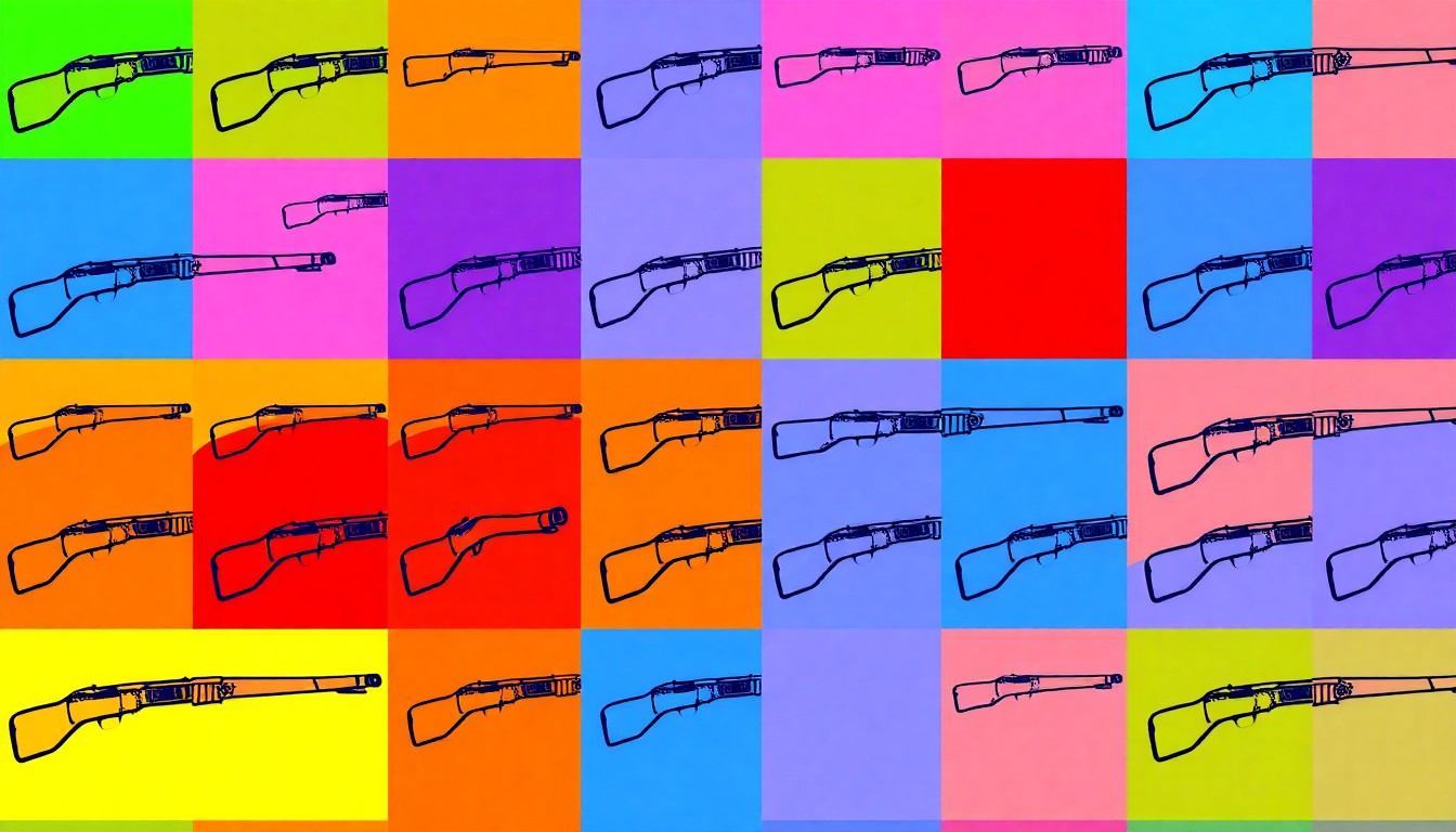 A high-contrast silkscreen print in bold neon colors depicting a repeating pattern of an 18th century colonial musket, conceptually representing the immersive technology of the Charlotte Museum's new Revolutionary War exhibit.