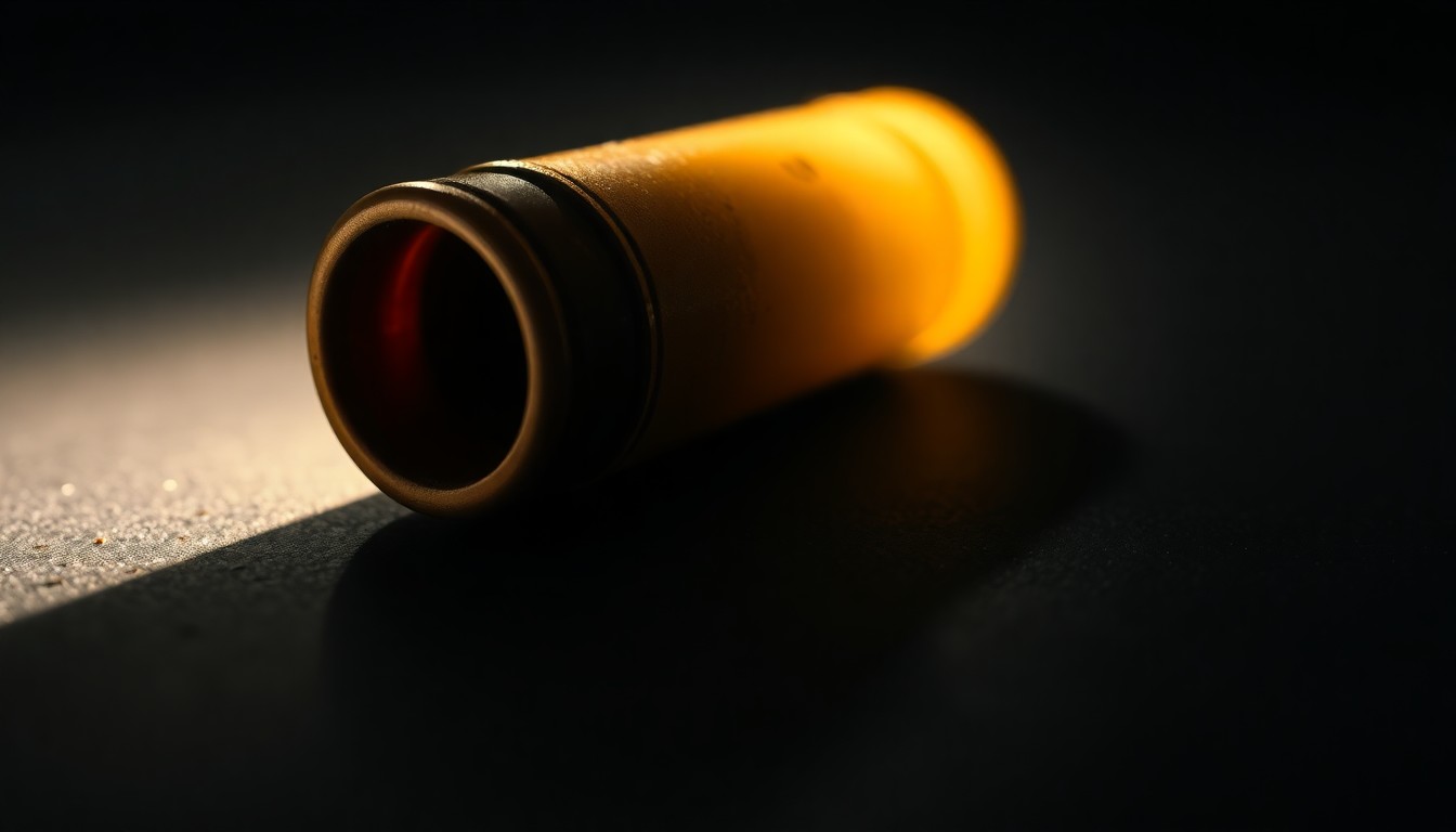 An extreme close-up of a metallic shell casing, its surface textured and reflecting the harsh light of the camera flash, conceptually representing the evidence of a violent crime.