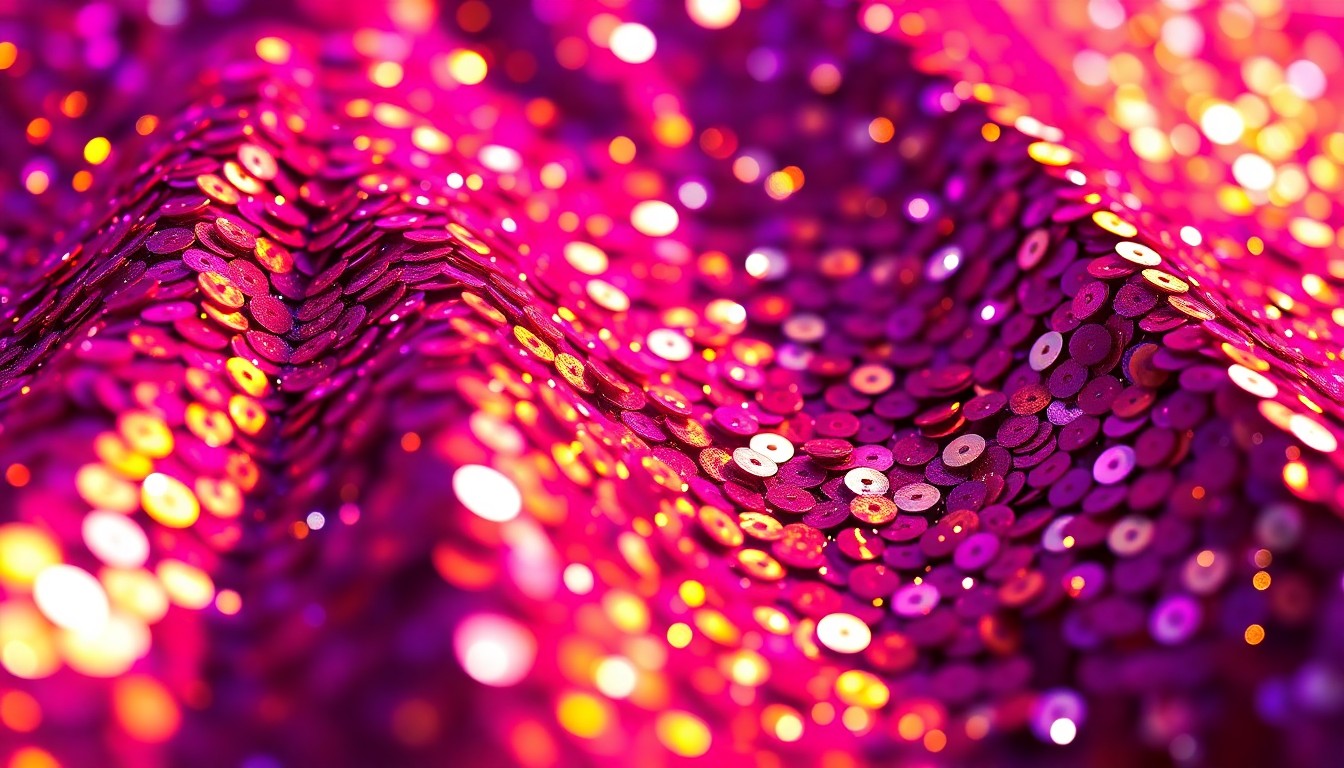 An extreme close-up of shimmering, high-contrast sequins in vibrant shades of pink, purple, and gold, capturing the glamour and energy of a major music festival.