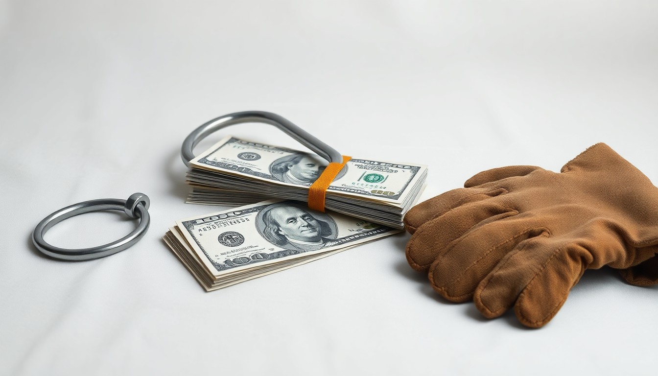 A minimalist studio still life featuring a stack of dollar bills, a metal butcher's hook, and heavy work gloves, symbolizing the financial and physical demands of the meatpacking industry.