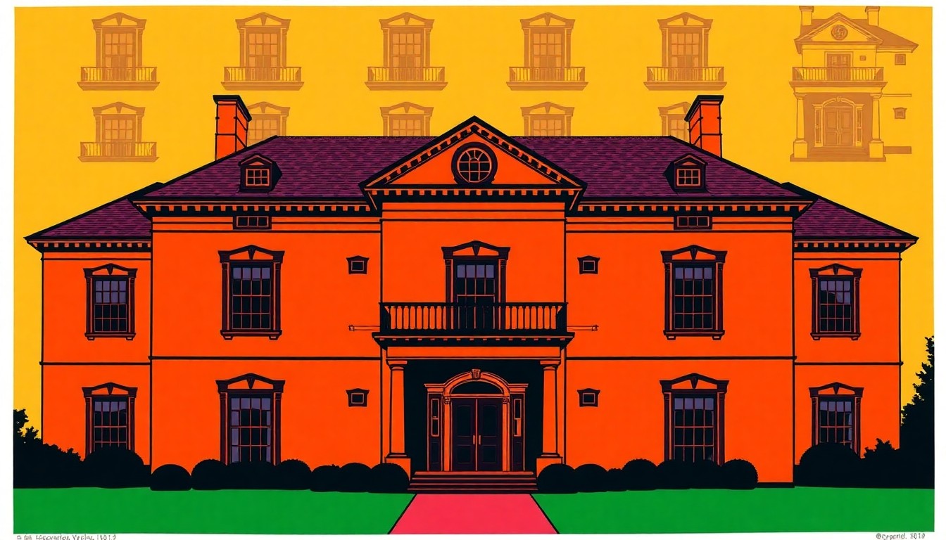 A vibrant, high-contrast silkscreen print depicting a colonial-style mansion repeated in a grid pattern, rendered in a neon color palette with heavy black outlines, conceptually representing the historic Birchland Estate's modern luxury.