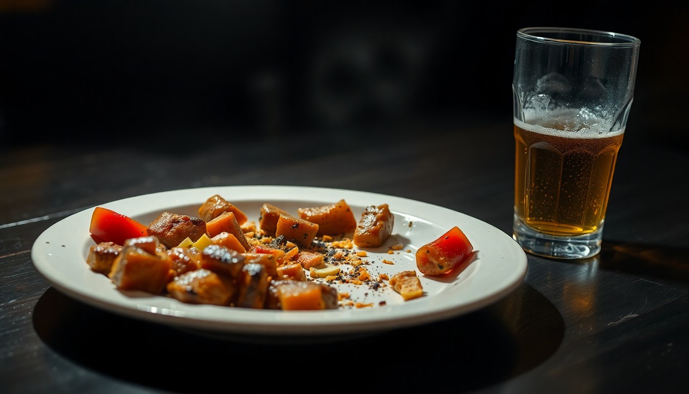 An extreme close-up photograph of a half-eaten plate of fajitas and an empty beer glass on a dark wooden table, lit by a harsh camera flash, conceptually illustrating the aftermath of a dine-and-dash incident at a local restaurant.
