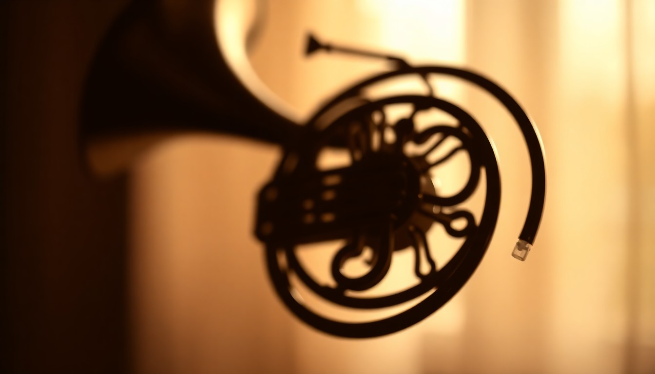 A hazy, impressionistic photograph showing the shadowy outline of a French horn against a blurred, dreamlike background, evoking a sense of history and the passing of time.