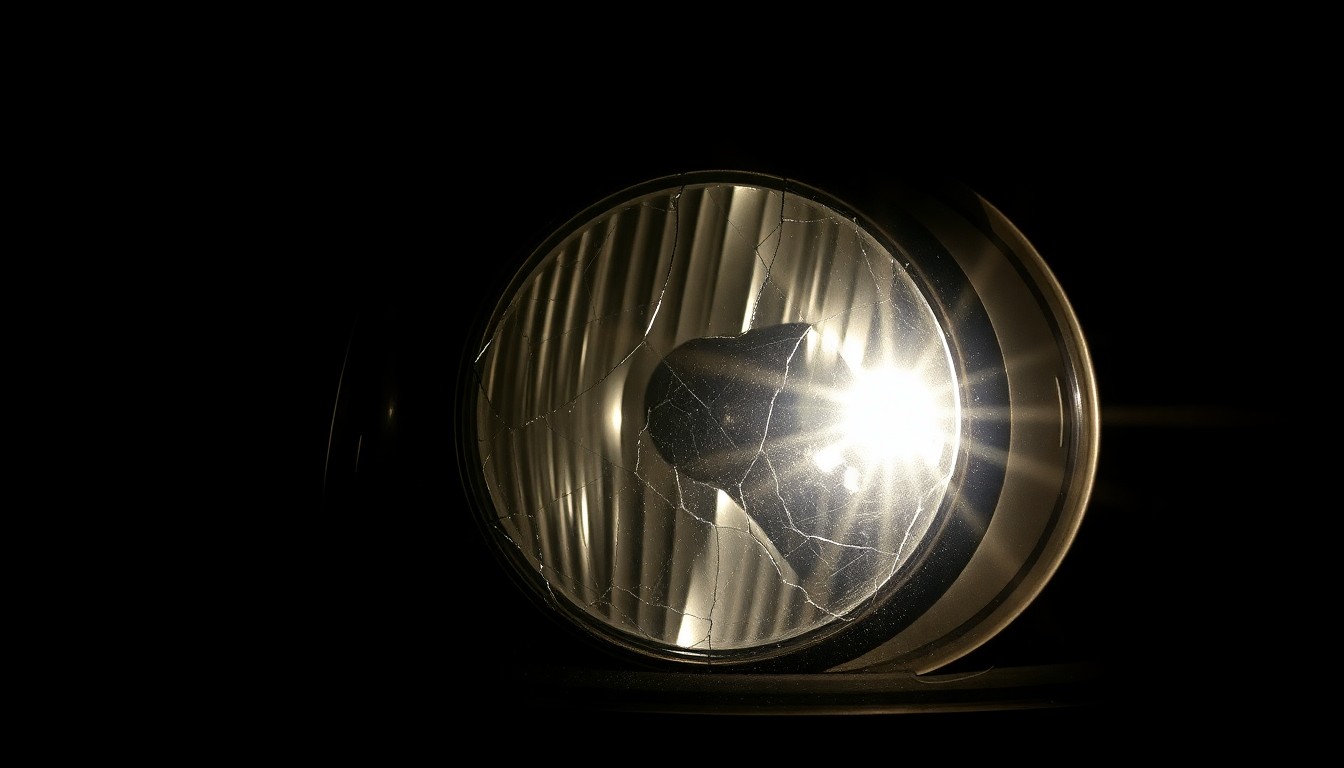 An extreme close-up photograph of a cracked and damaged truck headlight lens, reflecting the harsh glare of a camera flash against a pitch-black background, conceptually illustrating the aftermath of a fatal collision.