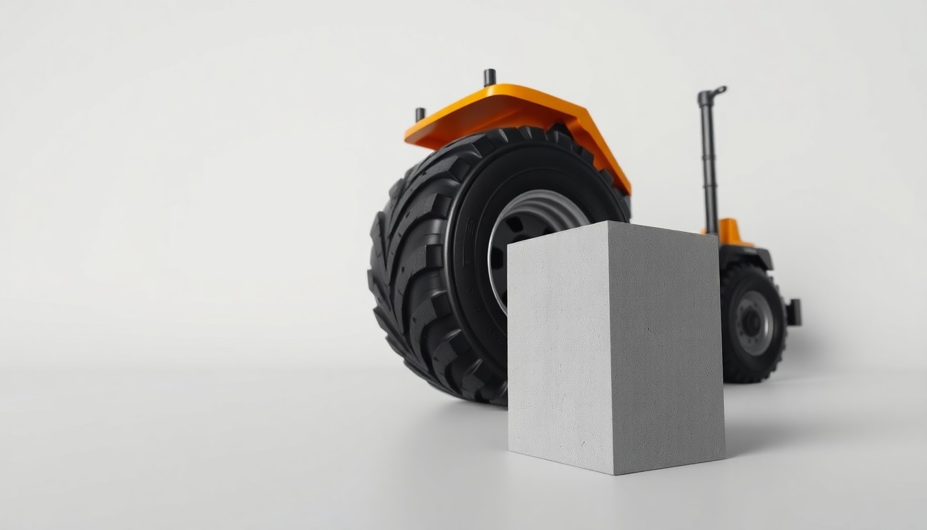 A photorealistic studio still life featuring a heavy-duty construction truck tire and a concrete block, arranged elegantly on a clean, monochromatic background to symbolize the abstract corporate strategy and risk involved in this urban development dispute.