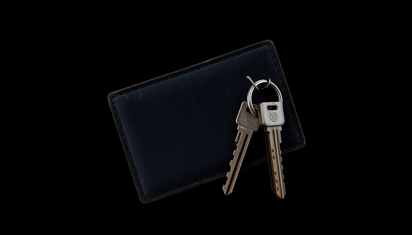 An extreme close-up photograph of a worn, weathered wallet or set of keys against a pitch-black background, lit by a harsh, direct camera flash, conceptually representing the investigation into a missing person case.