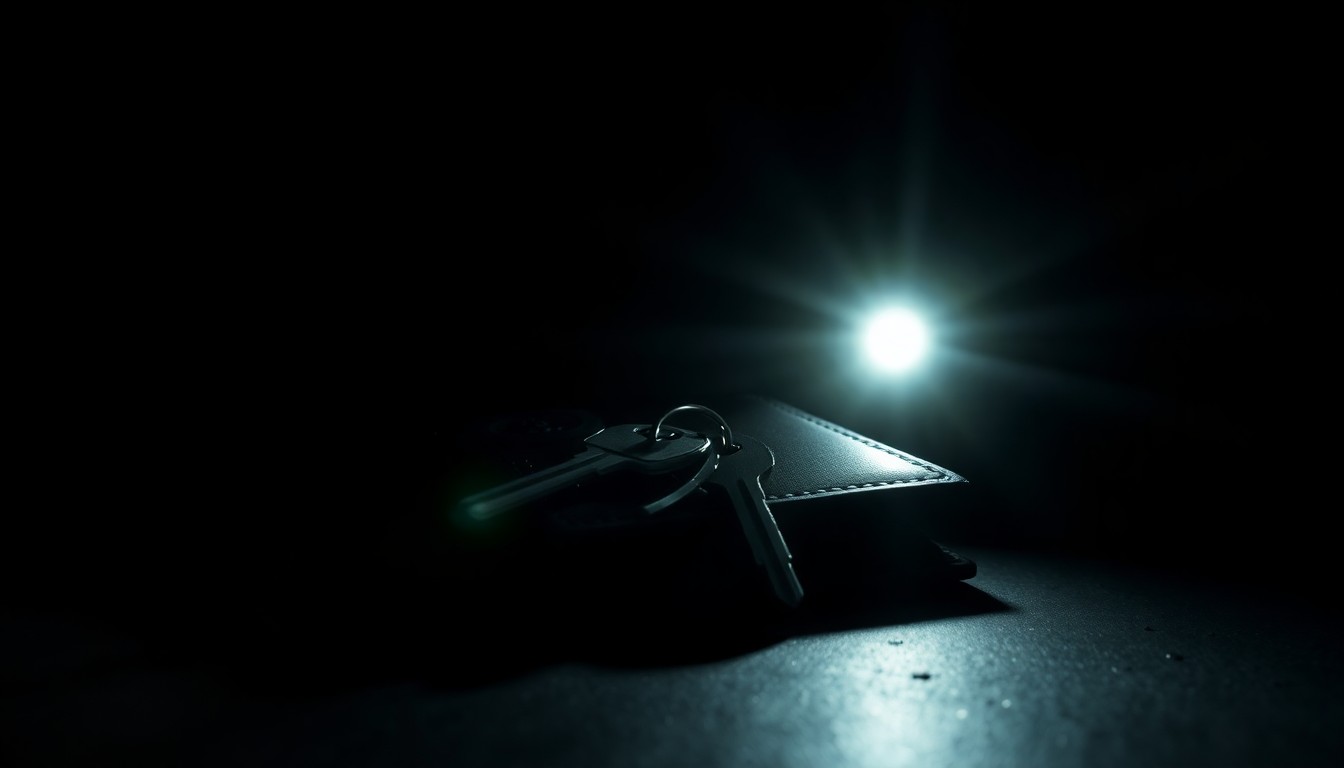 An extreme close-up photograph of a personal item belonging to the missing person, such as a wallet or keys, lit by a harsh, direct camera flash against a pitch-black background, creating a stark, gritty, investigative aesthetic.