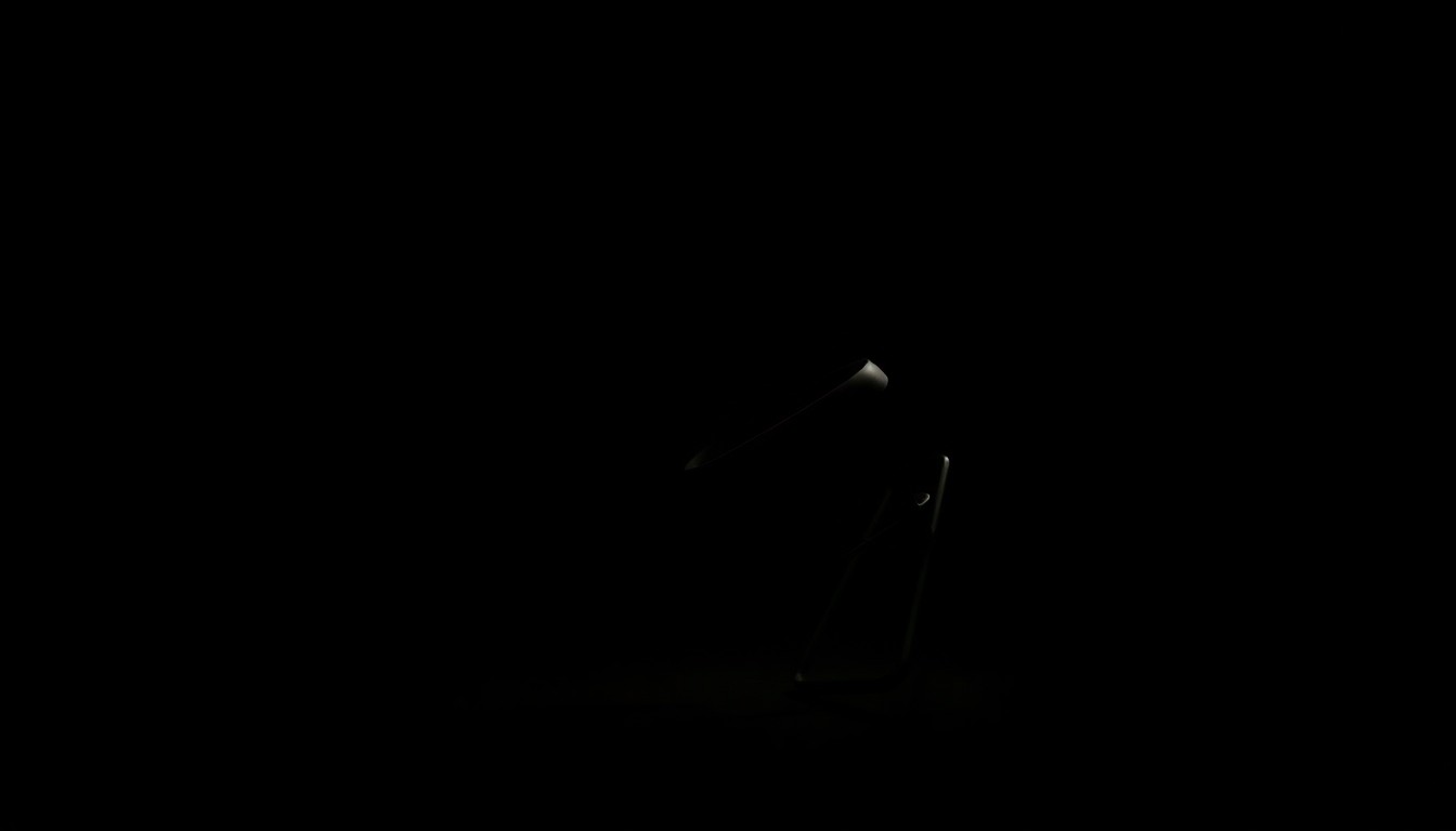 An extreme close-up photograph of a toppled bar stool against a pitch-black background, lit by a harsh, direct camera flash, conceptually representing the unsettling clues found in the missing person's home.