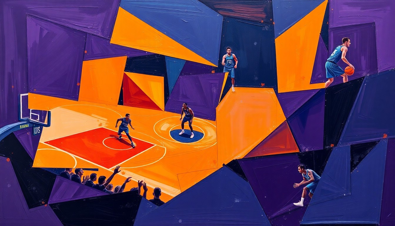 A fragmented, cubist-style painting depicting a basketball game or match, with sharp geometric shapes in deep purple, navy blue, and bright orange overlapping to create a dynamic, multi-perspective scene.