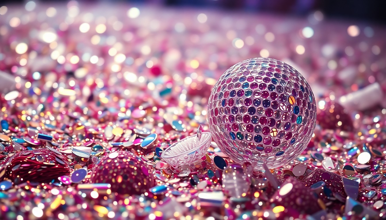An extreme close-up photograph of sparkling sequins and shattered glass, creating a high-contrast, glamorous texture that evokes the celebratory mood of a major music festival performance.