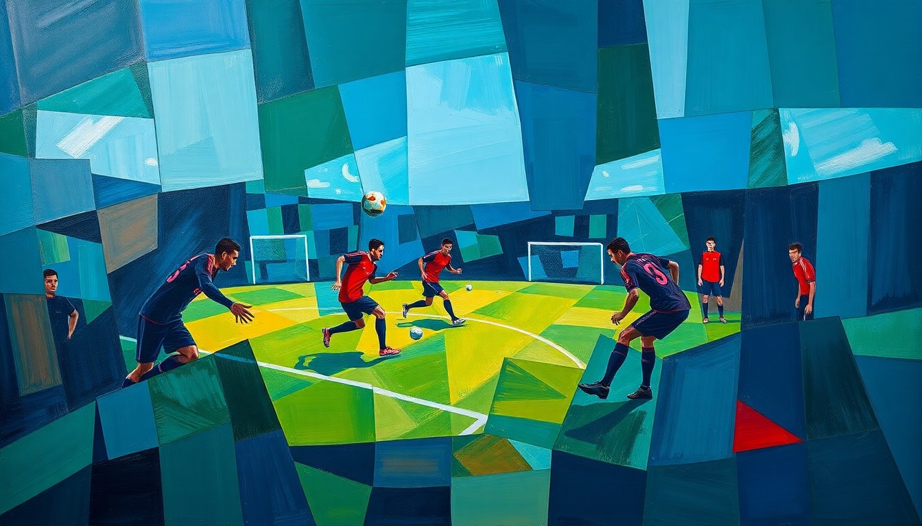 A cubist, geometric painting depicting a fragmented soccer match or training session, with sharp, overlapping planes of color representing the competing interests and perspectives surrounding the NWSL deal in Columbus.