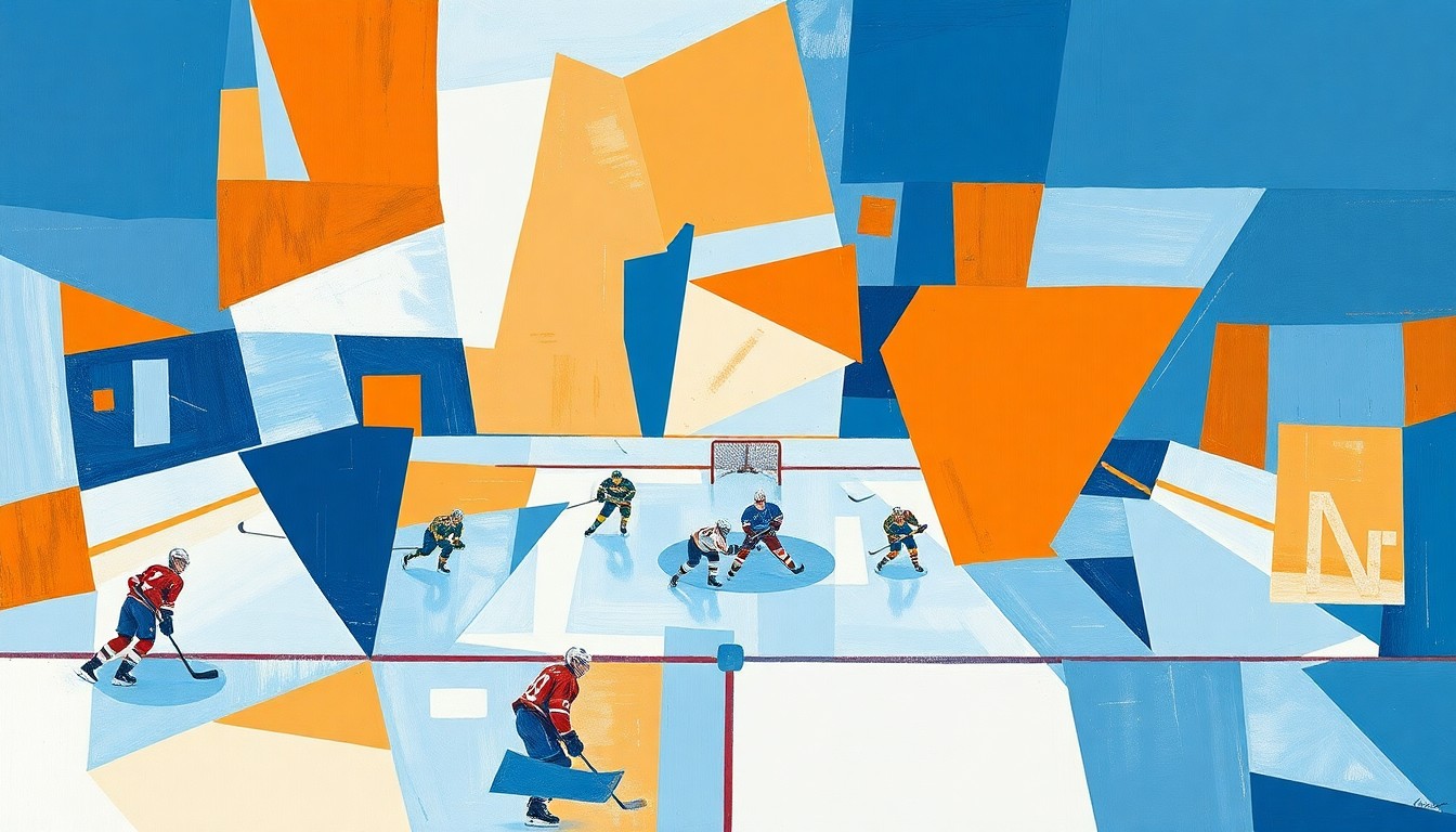 A fragmented, geometric painting depicting a hockey game, with sharp planes of blue, orange, and white overlapping to create a sense of motion and chaos, conceptually representing the Islanders' offensive woes and late-season struggles.