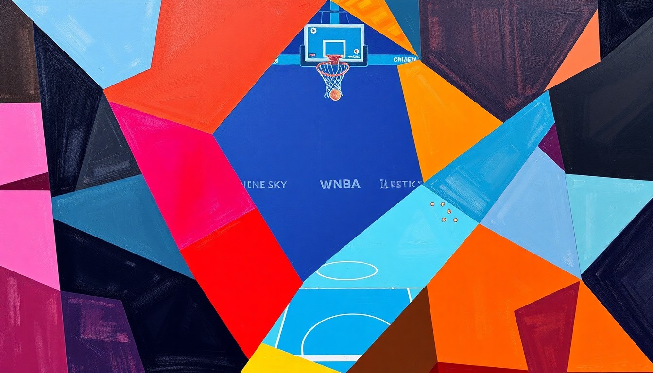 A fractured, multi-perspective painting in vibrant shades of blue and orange, capturing the dynamic action of a WNBA basketball game through sharp, overlapping geometric shapes.