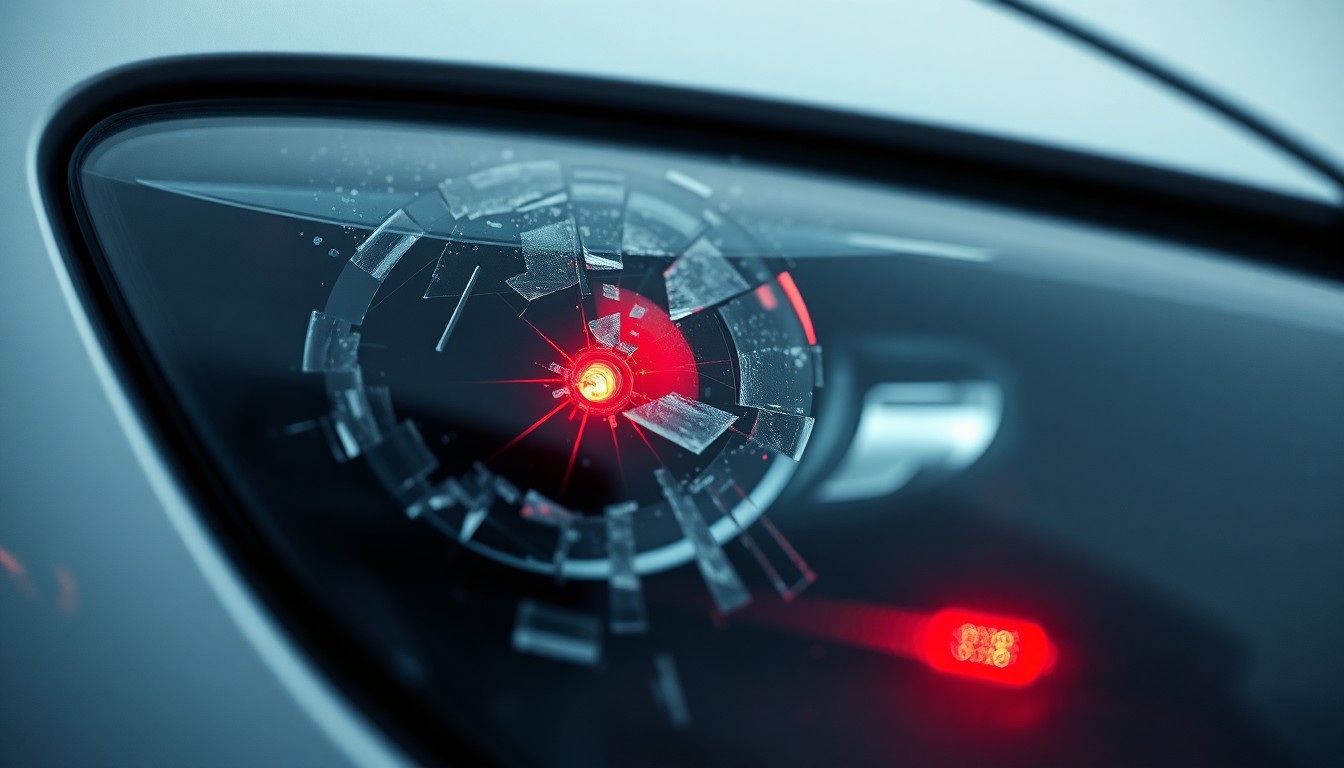 An extreme close-up of a shattered car sensor lens reflecting a faint red light, conceptually illustrating the vandalism of self-driving cars.