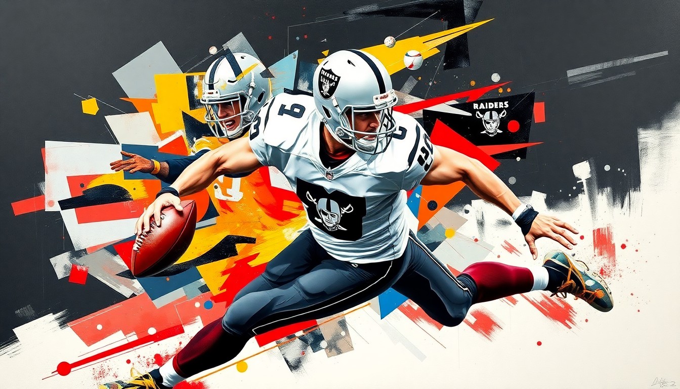 A fragmented, geometric painting depicting the explosive motion of a football player rushing the passer, with sharp planes of silver, black, and red colors representing the Raiders' team palette.