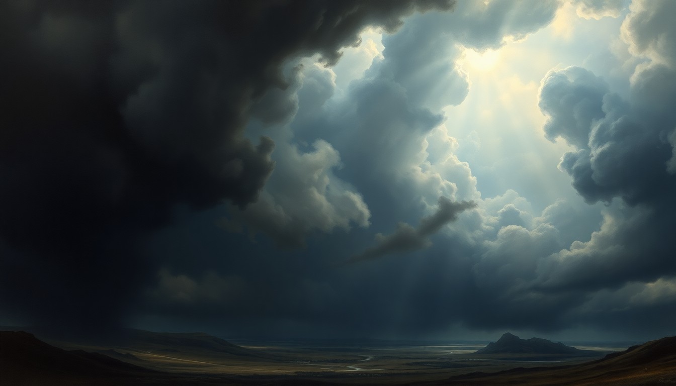 A dramatic, atmospheric landscape painting in the style of Caspar David Friedrich, depicting a vast, stormy sky with dark, swirling clouds overshadowing the distant Chicago skyline, conveying the sublime scale and power of the impending weather event.