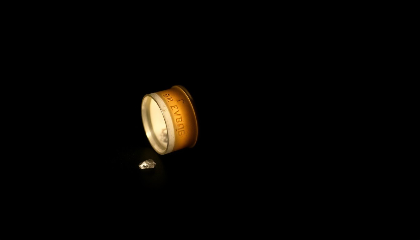 An extreme close-up photograph of a spent shell casing or other small piece of crime scene evidence, lit by a harsh, direct camera flash against a pitch-black background, conveying a stark, gritty, investigative aesthetic.