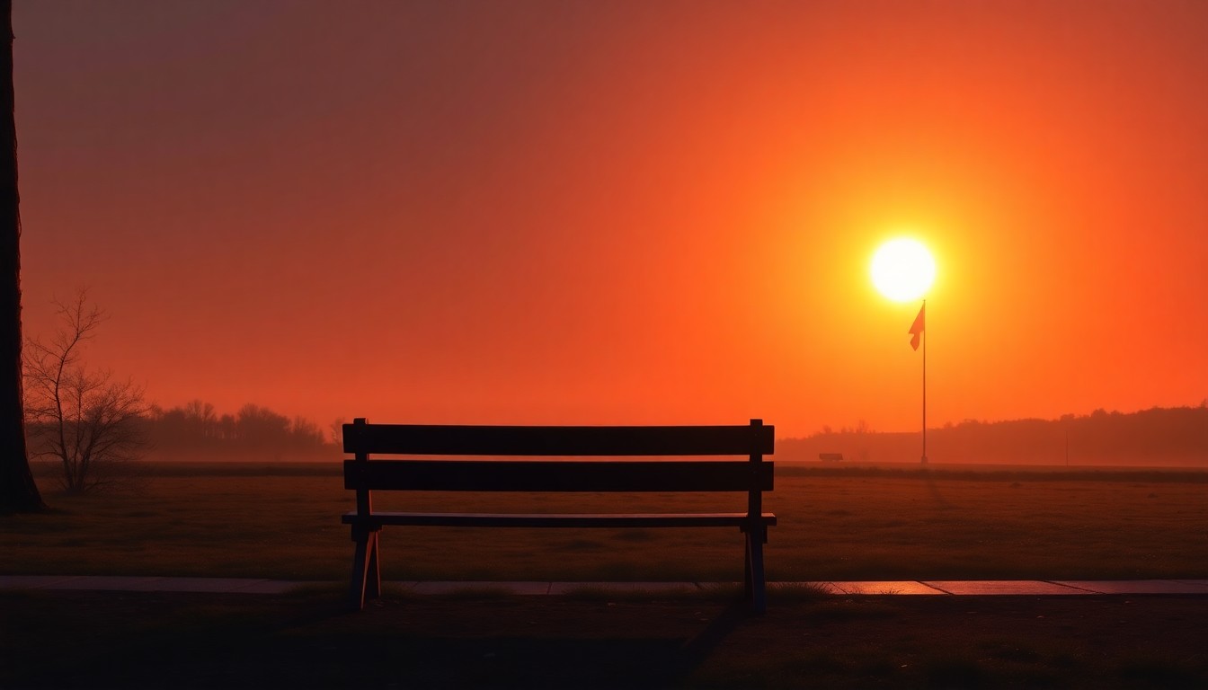 A serene oil painting depicting an empty park bench bathed in warm, golden light, with a distant flagpole silhouetted against the sky, conveying a sense of contemplation and reverence.