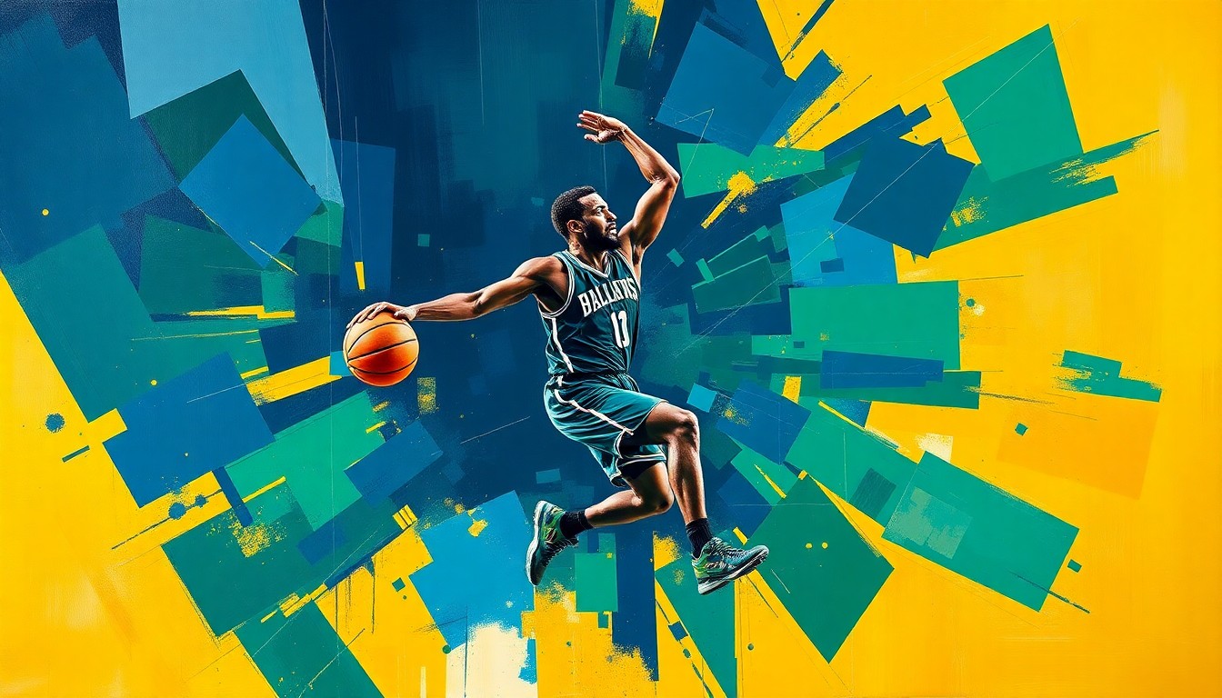 A cubist-style painting depicting a basketball player's movements broken down into sharp, overlapping geometric shapes in navy blue, emerald green, and gold.