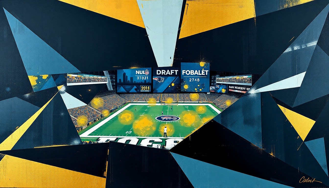 A cubist, geometric painting depicting fragmented, overlapping shapes and planes in shades of black, gold, and steel blue, representing the complex quarterback situation facing the Pittsburgh Steelers as they approach the NFL draft.