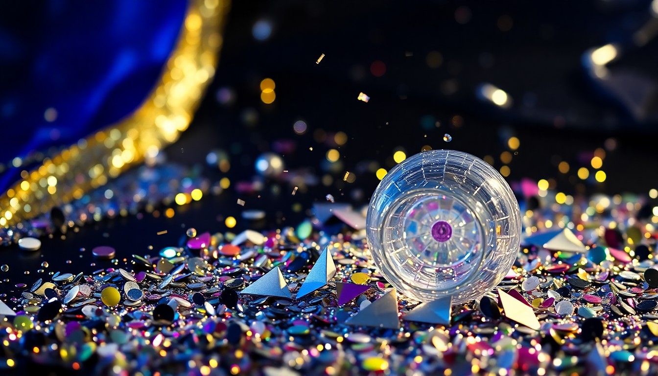 An extreme close-up photograph of glittering sequins and shattered disco glass, capturing the glamour and energy of a live music performance.