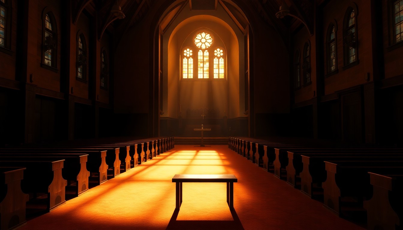 A serene, dimly lit interior of a Catholic church, with a single wooden pew in the foreground and warm, dramatic lighting streaming through the windows, conveying a sense of contemplation and the weight of political tensions.