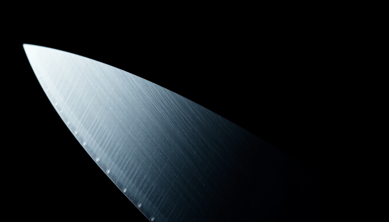 An extreme close-up photograph of a large, serrated kitchen knife with a sharp blade, dramatically lit by a harsh, direct camera flash against a pitch-black background, conceptually representing the violence of the crime.