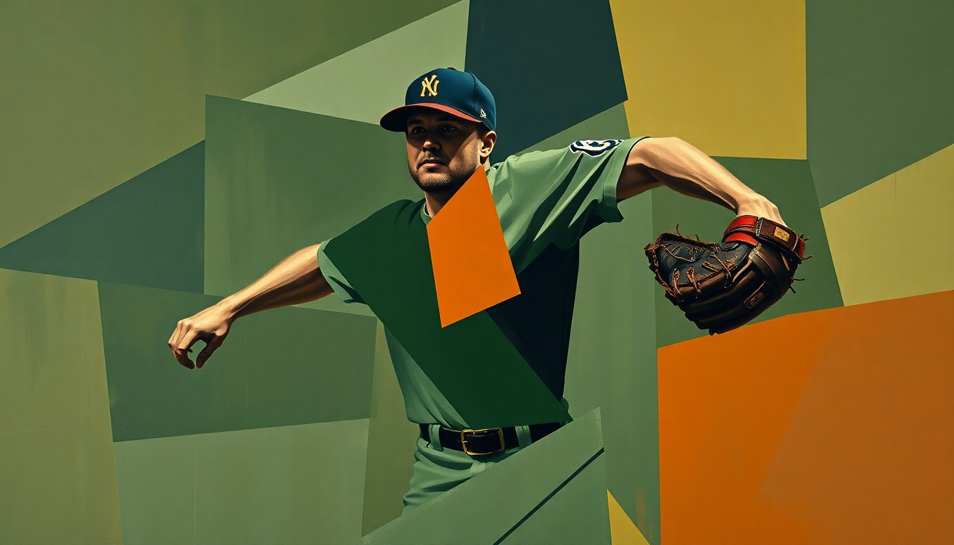 A cubist-style painting depicting a baseball pitcher's motion broken down into fragmented geometric shapes in navy, green, and brown tones, conveying the disruption caused by the Nationals' pitching injuries.