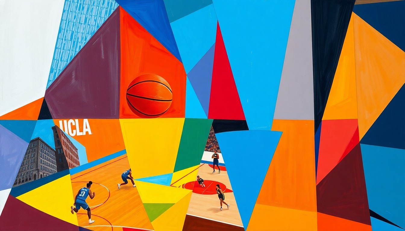 A cubist, geometric painting depicting a basketball game or match, with sharp, overlapping planes of color representing the official team colors of UCLA and the Washington Mystics.