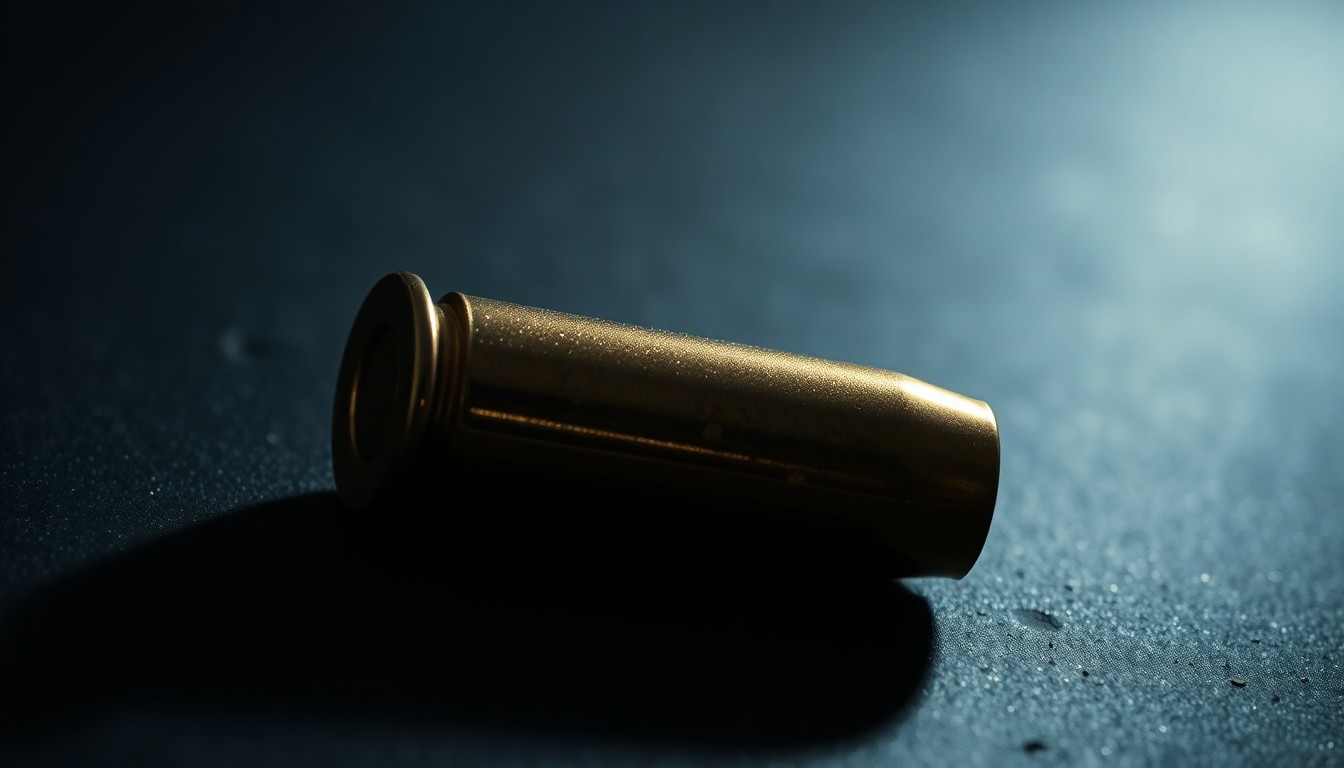 An extreme close-up photograph of a single bullet casing lying on a dark surface, lit by a harsh, direct camera flash, conceptually representing the aftermath of a violent crime.