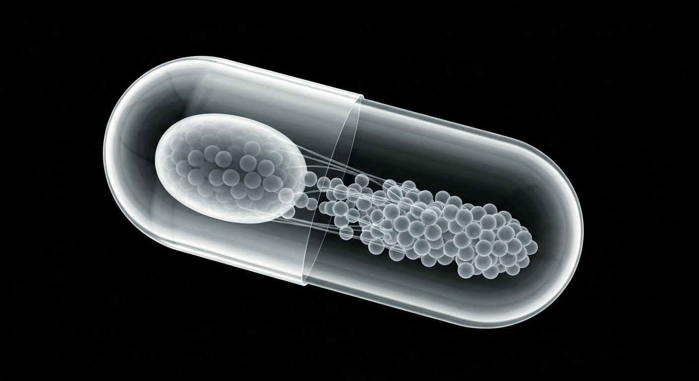 A translucent X-ray photograph revealing the internal structure of a GLP-1 medication capsule, conceptually representing the accessible, provider-guided telehealth approach to these weight loss treatments.