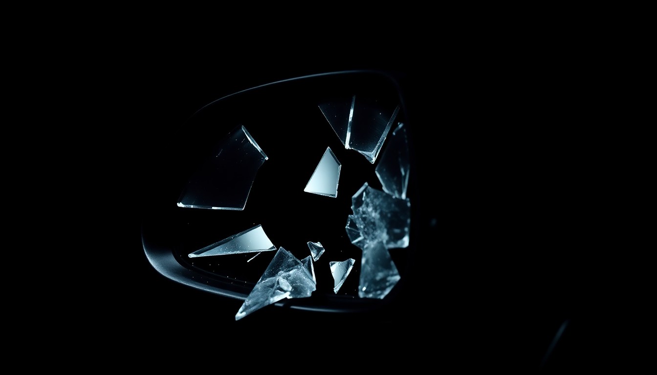 An extreme close-up of a shattered car side mirror reflecting a harsh flash of light, conceptually illustrating the aftermath of a vehicle collision.